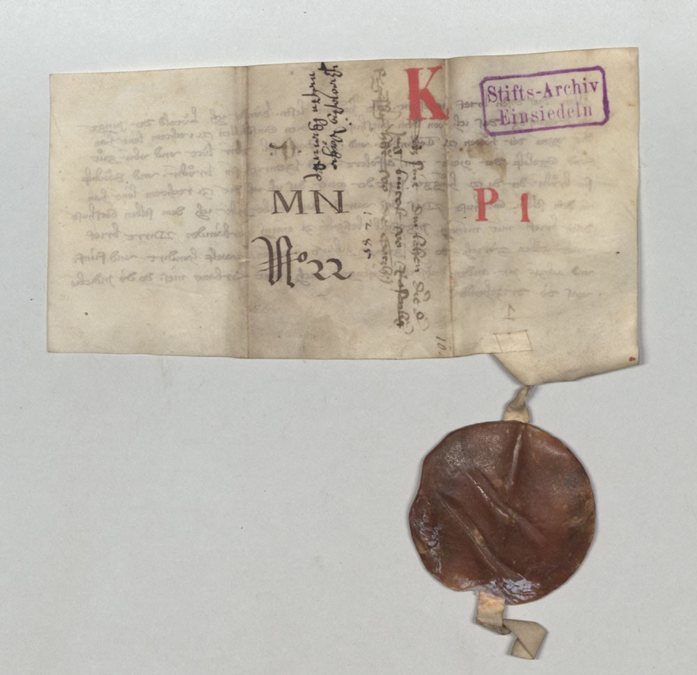 Urkunde Lütolds von Regensberg vom 29. Mai 1285, Dorsualnotizen. KAE, K.P.1.