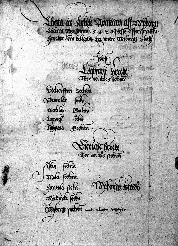 First page of one of the earliest bailiffs' accounts in Finland. Bailiwicks of Karelia, accounts of Vyborg province, 1542. Finnish National Archives